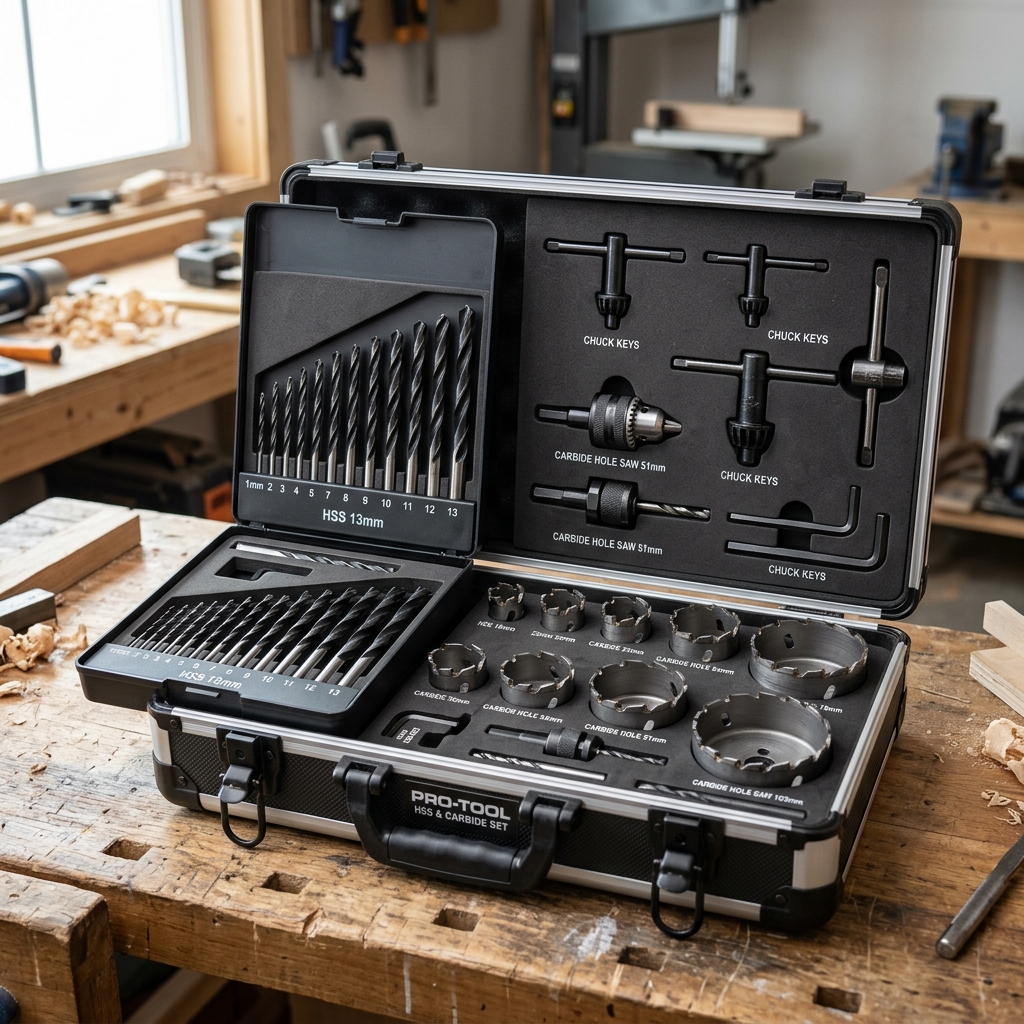 HSS drill bits, carbide hole saws and chuck keys