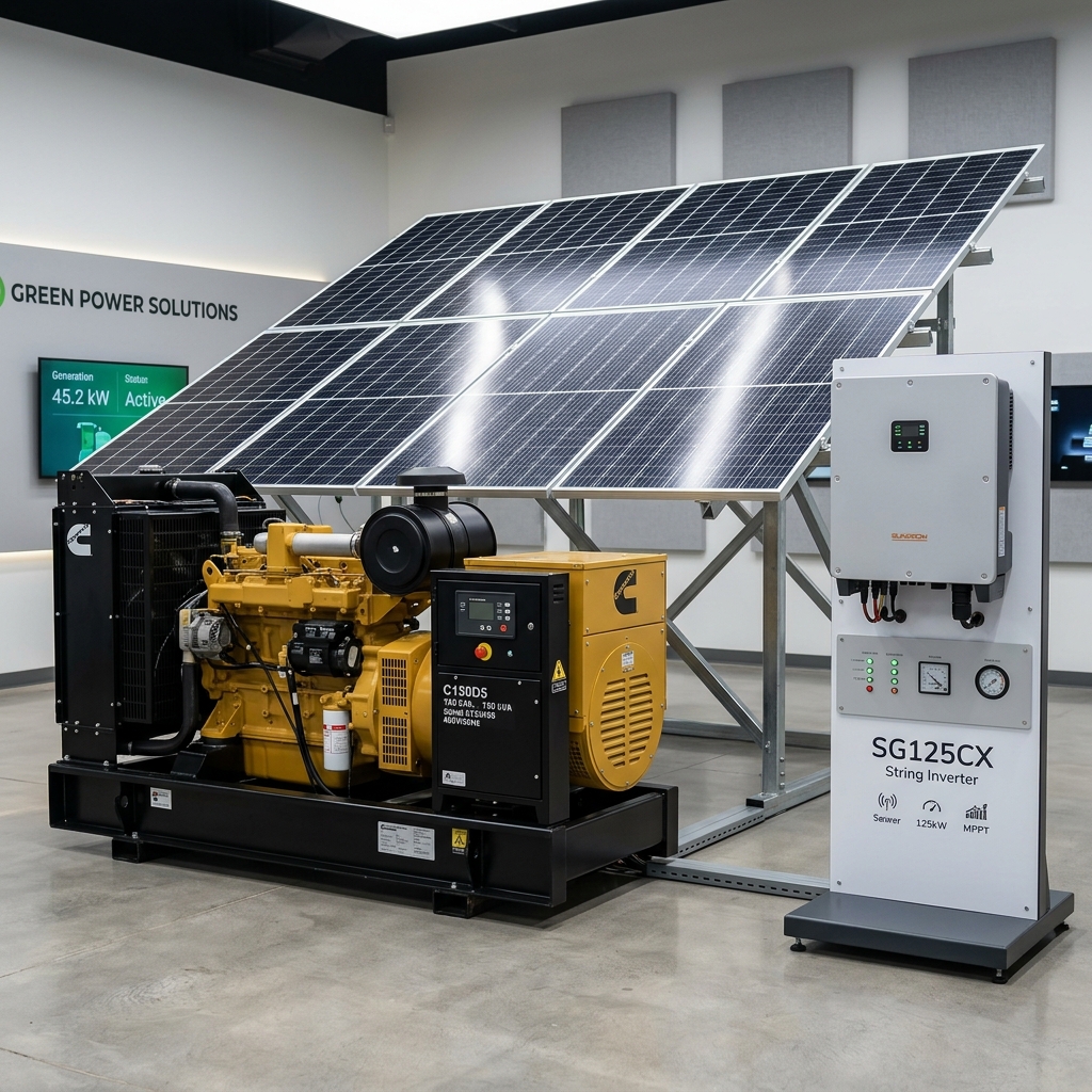 Industrial diesel generator, solar power inverter and panels