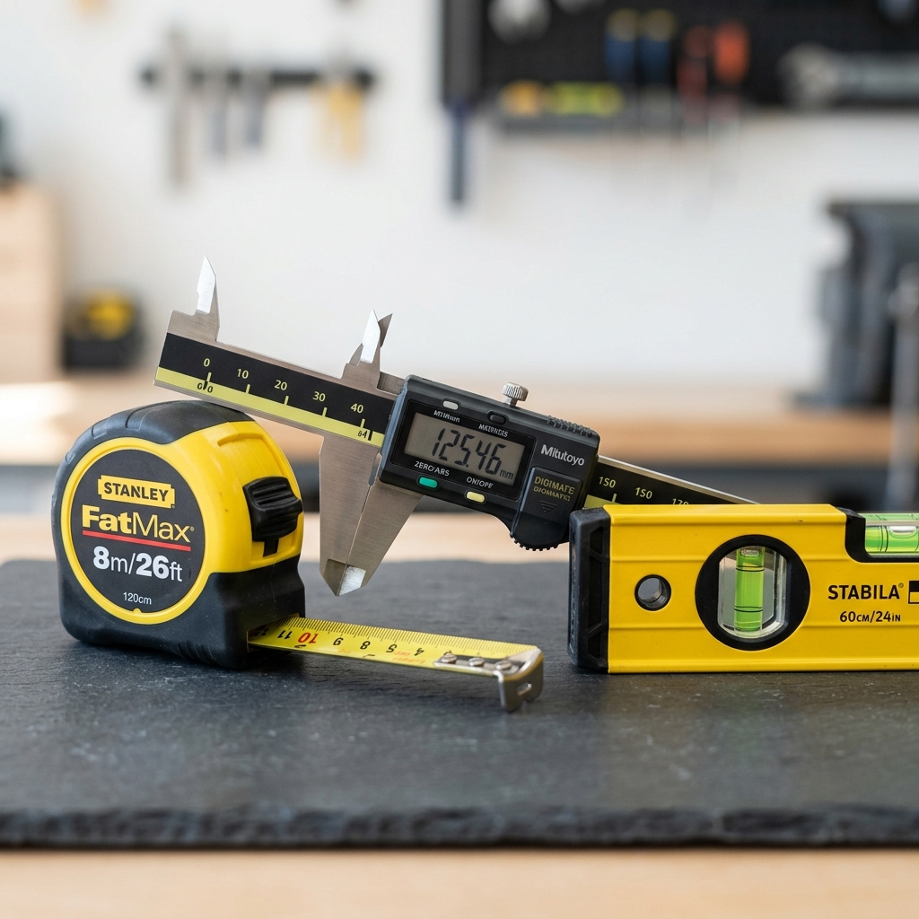 Tape measure, spirit level and digital calipers