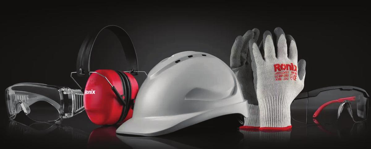 Safety helmet, gloves, ear defenders and safety glasses